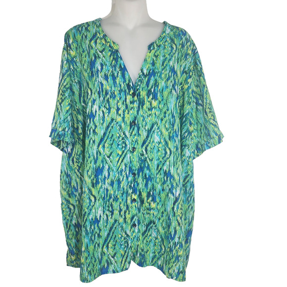 Catherines Womens Shirt Plus Size 4X Green Diamond Abstract Short Sleeve Button - Picture 1 of 9